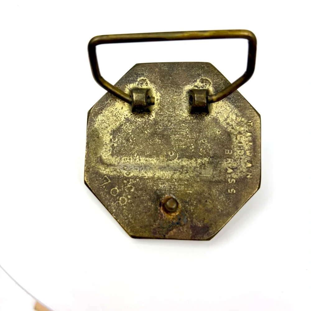 Vintage MG Motor Cars Solid Brass Belt Buckle Octagon Logo Automotive Accessory